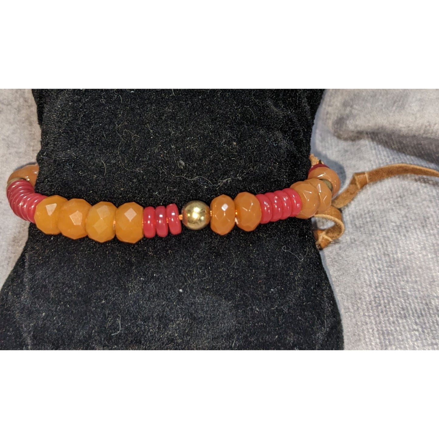 Boho Western Lucky Brand Orange Red Beaded Leather Tie Bracelet