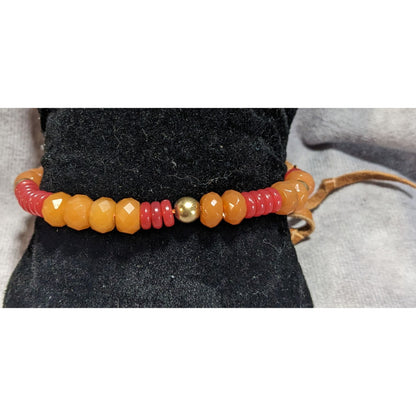 Boho Western Lucky Brand Orange Red Beaded Leather Tie Bracelet