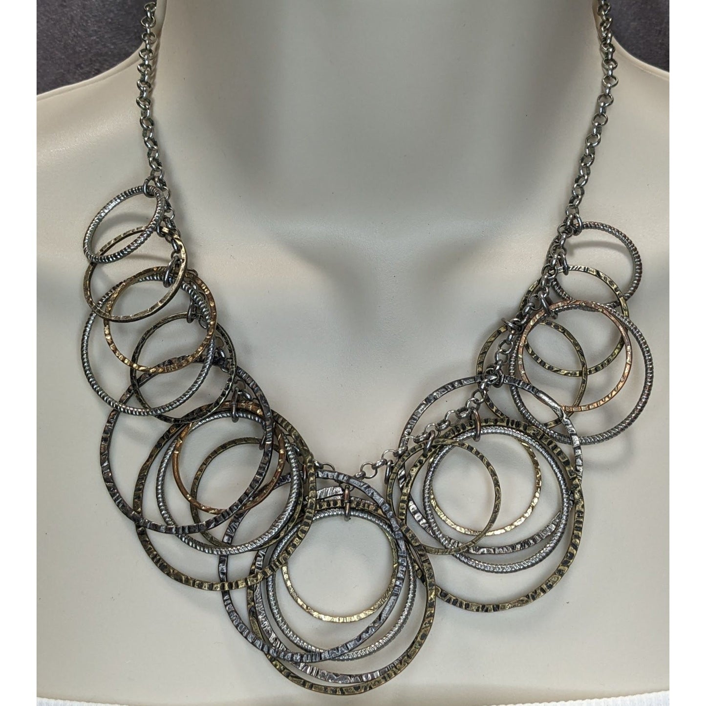 Boho Industrial Mixed Metal Hammered Circle Statement Necklace Layered Rings