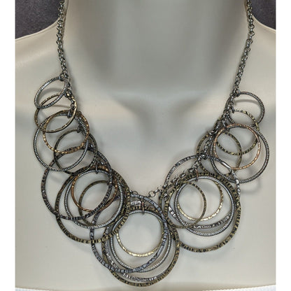 Boho Industrial Mixed Metal Hammered Circle Statement Necklace Layered Rings