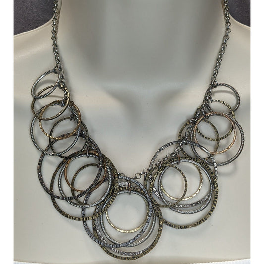 Boho Industrial Mixed Metal Hammered Circle Statement Necklace Layered Rings
