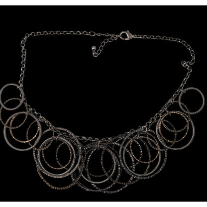 Boho Industrial Mixed Metal Hammered Circle Statement Necklace Layered Rings