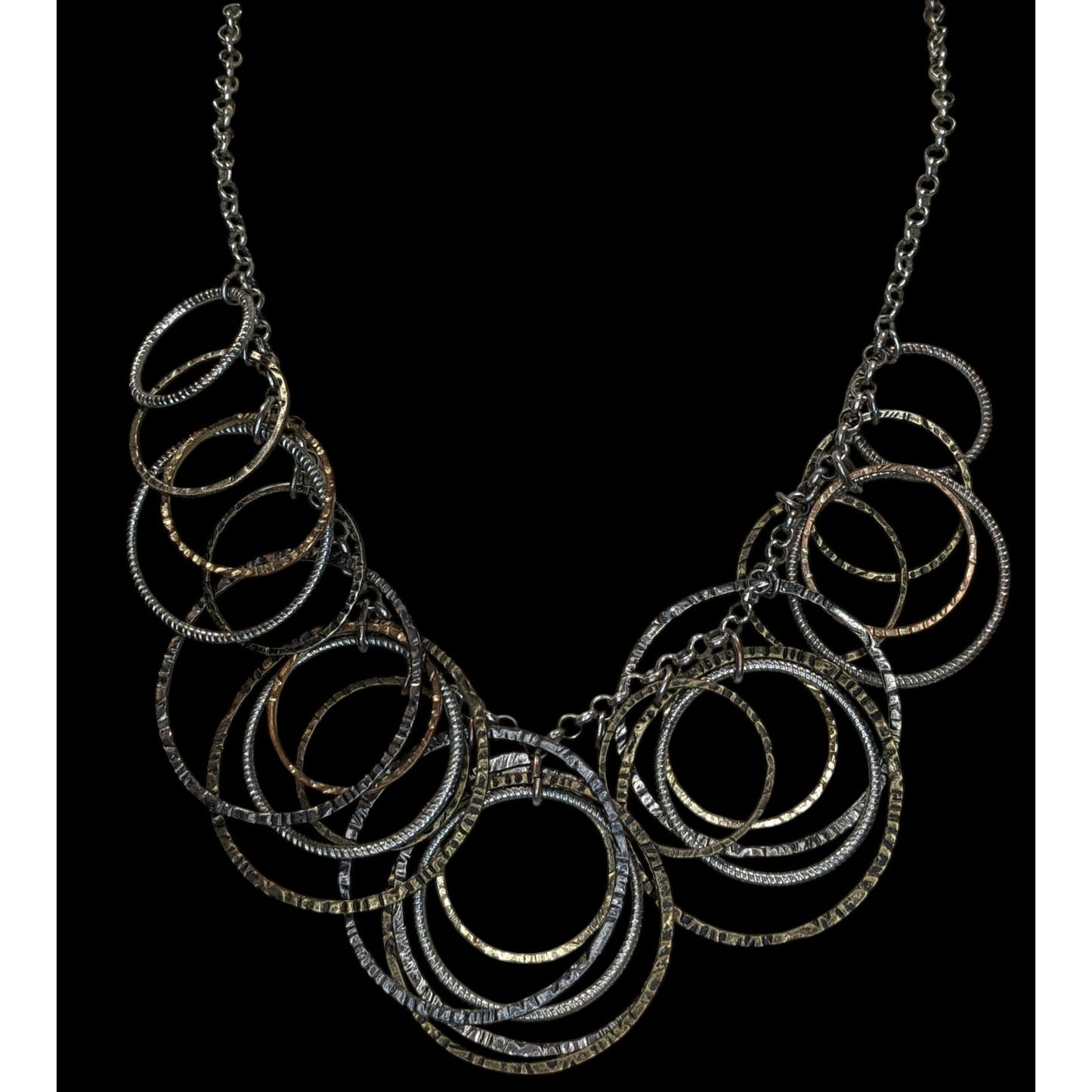 Boho Industrial Mixed Metal Hammered Circle Statement Necklace Layered Rings