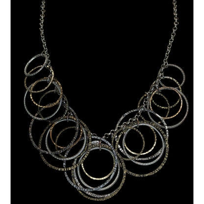 Boho Industrial Mixed Metal Hammered Circle Statement Necklace Layered Rings