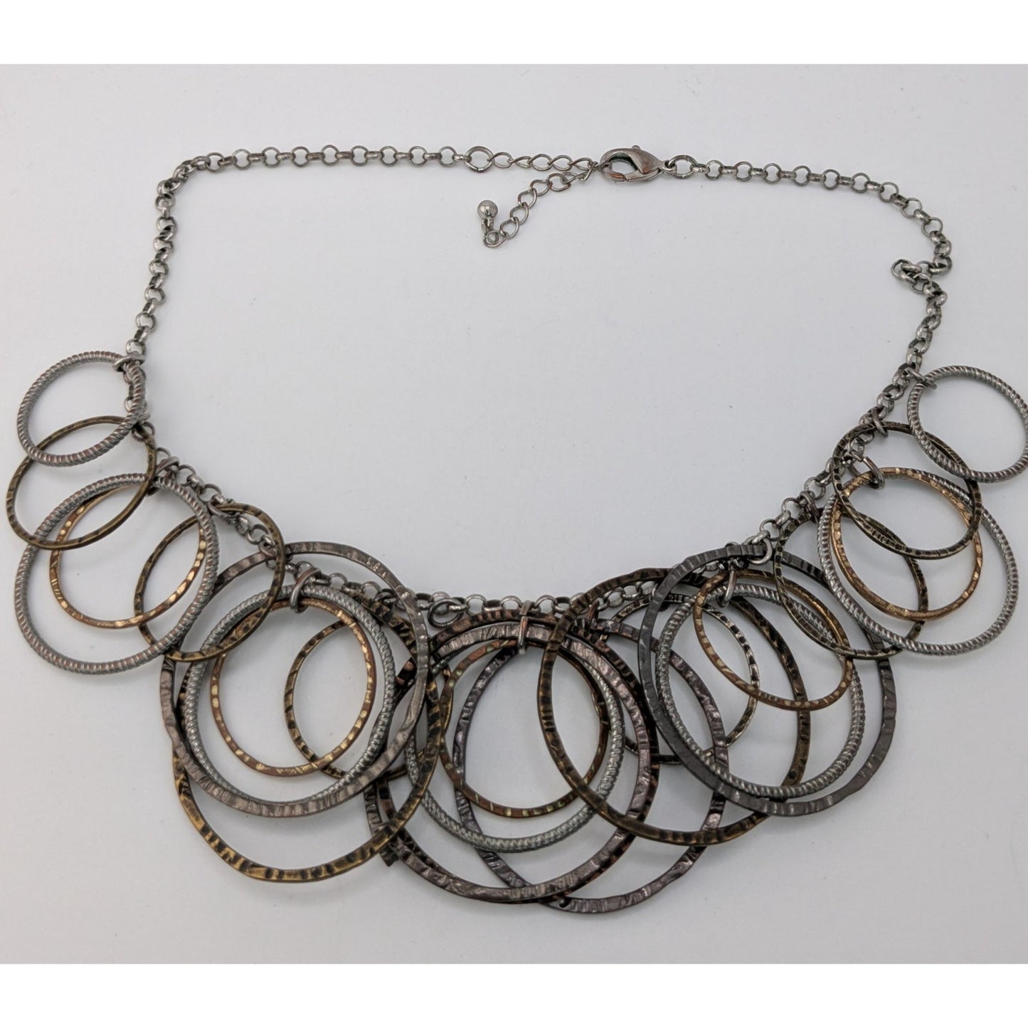 Boho Industrial Mixed Metal Hammered Circle Statement Necklace Layered Rings