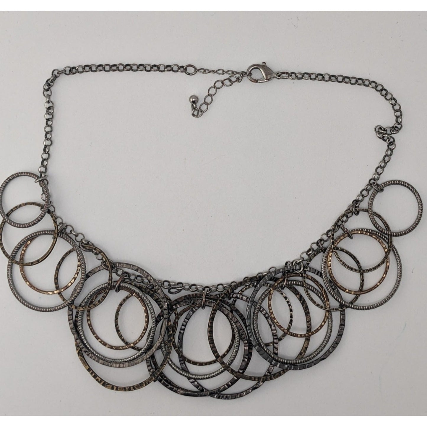 Boho Industrial Mixed Metal Hammered Circle Statement Necklace Layered Rings