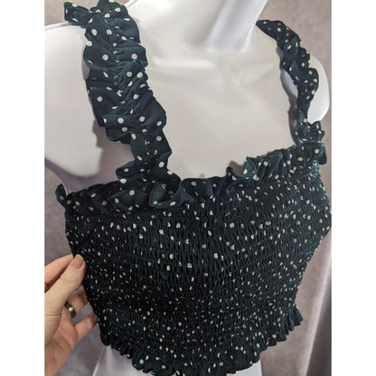 Summer Festival Green Polka Dot Smocked Crop Top With Ruffle Straps Stretchy Size 2XL
