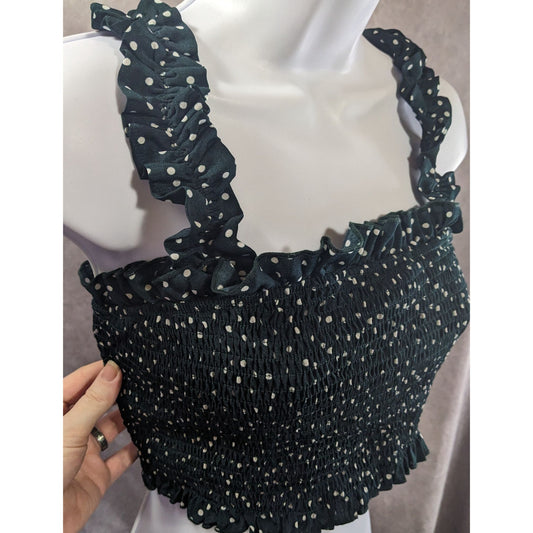 Summer Festival Green Polka Dot Smocked Crop Top With Ruffle Straps Stretchy Size 2XL