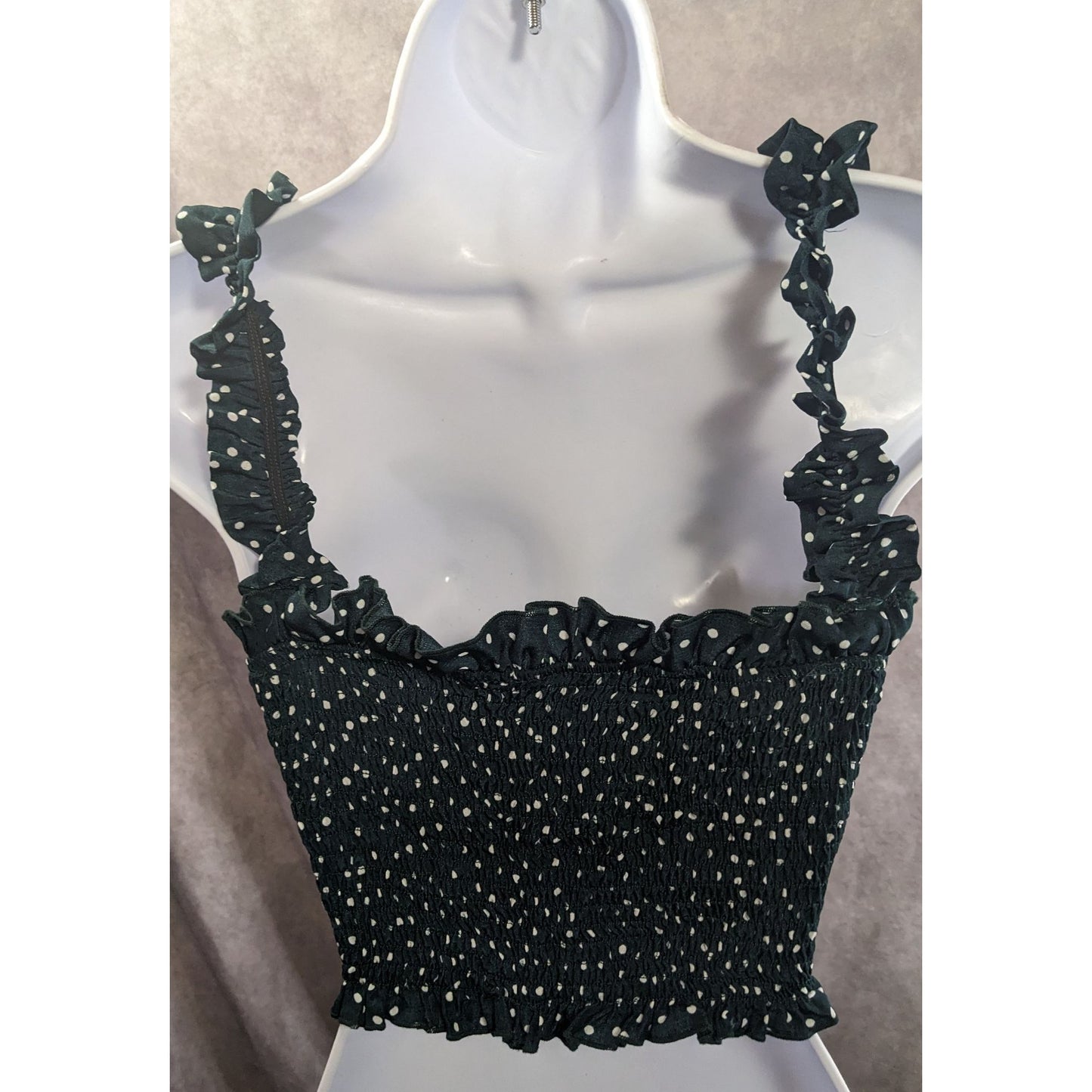 Summer Festival Green Polka Dot Smocked Crop Top With Ruffle Straps Stretchy Size 2XL