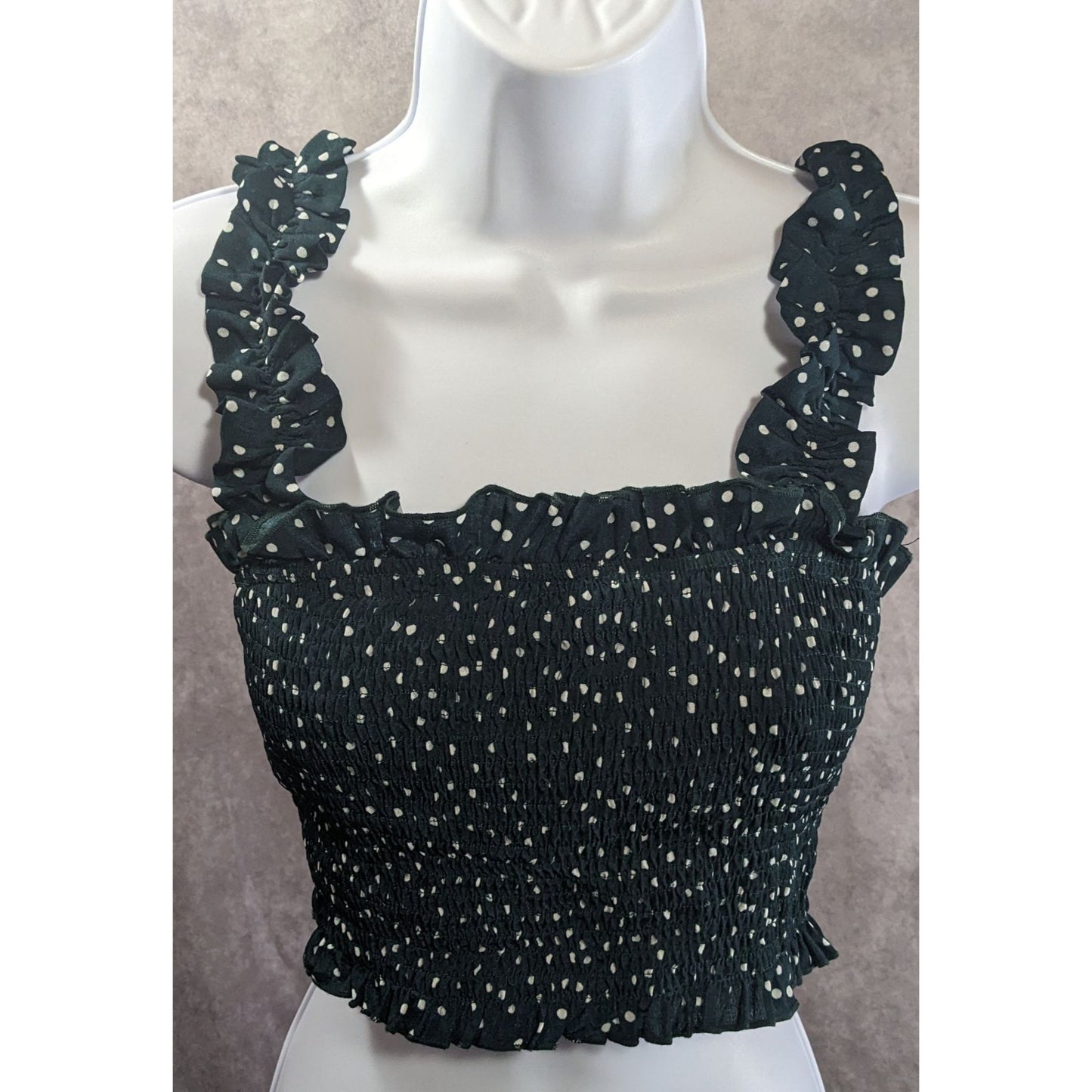 Summer Festival Green Polka Dot Smocked Crop Top With Ruffle Straps Stretchy Size 2XL