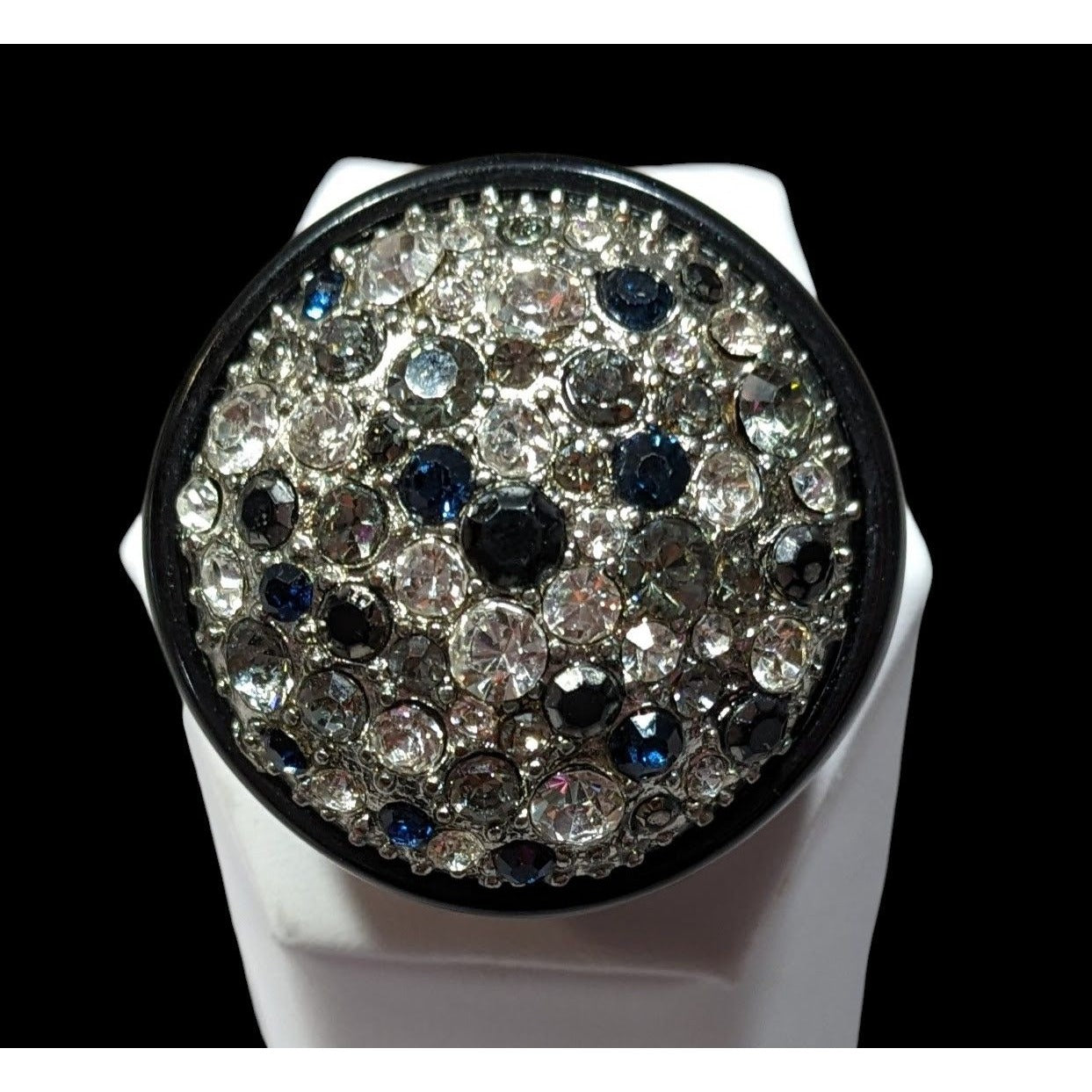 Vintage Glam Goth Rhinestone Studded Black Acrylic Statement Ring