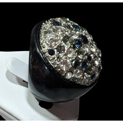 Vintage Glam Goth Rhinestone Studded Black Acrylic Statement Ring