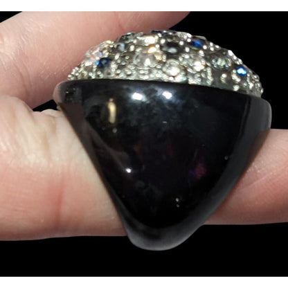 Vintage Glam Goth Rhinestone Studded Black Acrylic Statement Ring