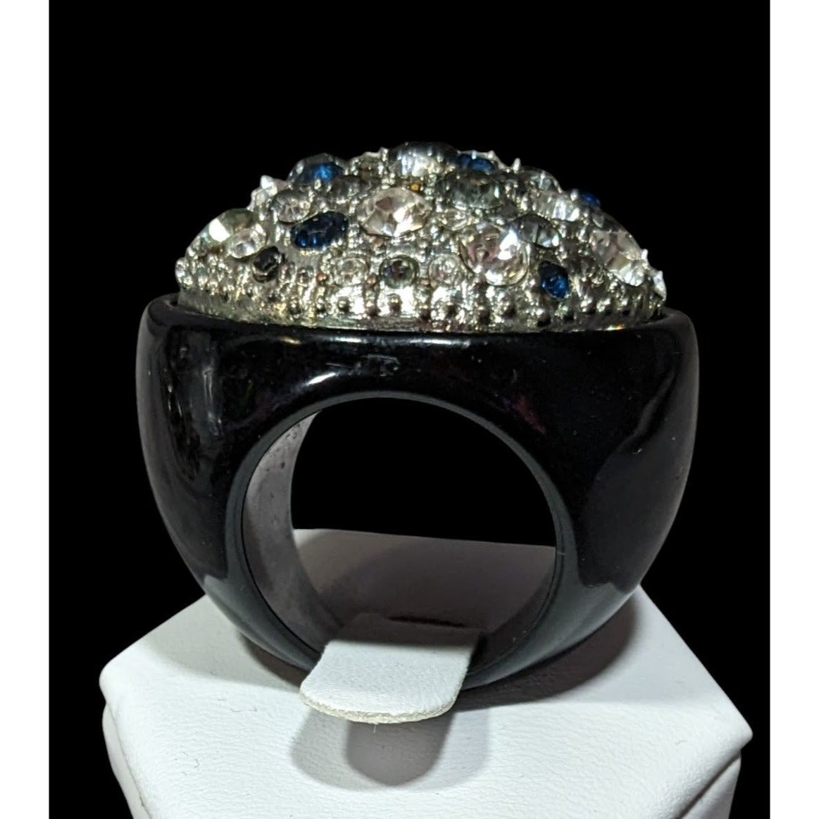 Vintage Glam Goth Rhinestone Studded Black Acrylic Statement Ring