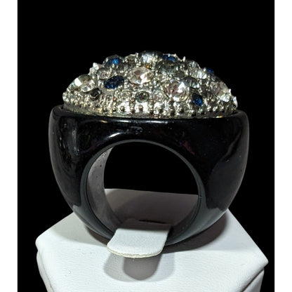 Vintage Glam Goth Rhinestone Studded Black Acrylic Statement Ring