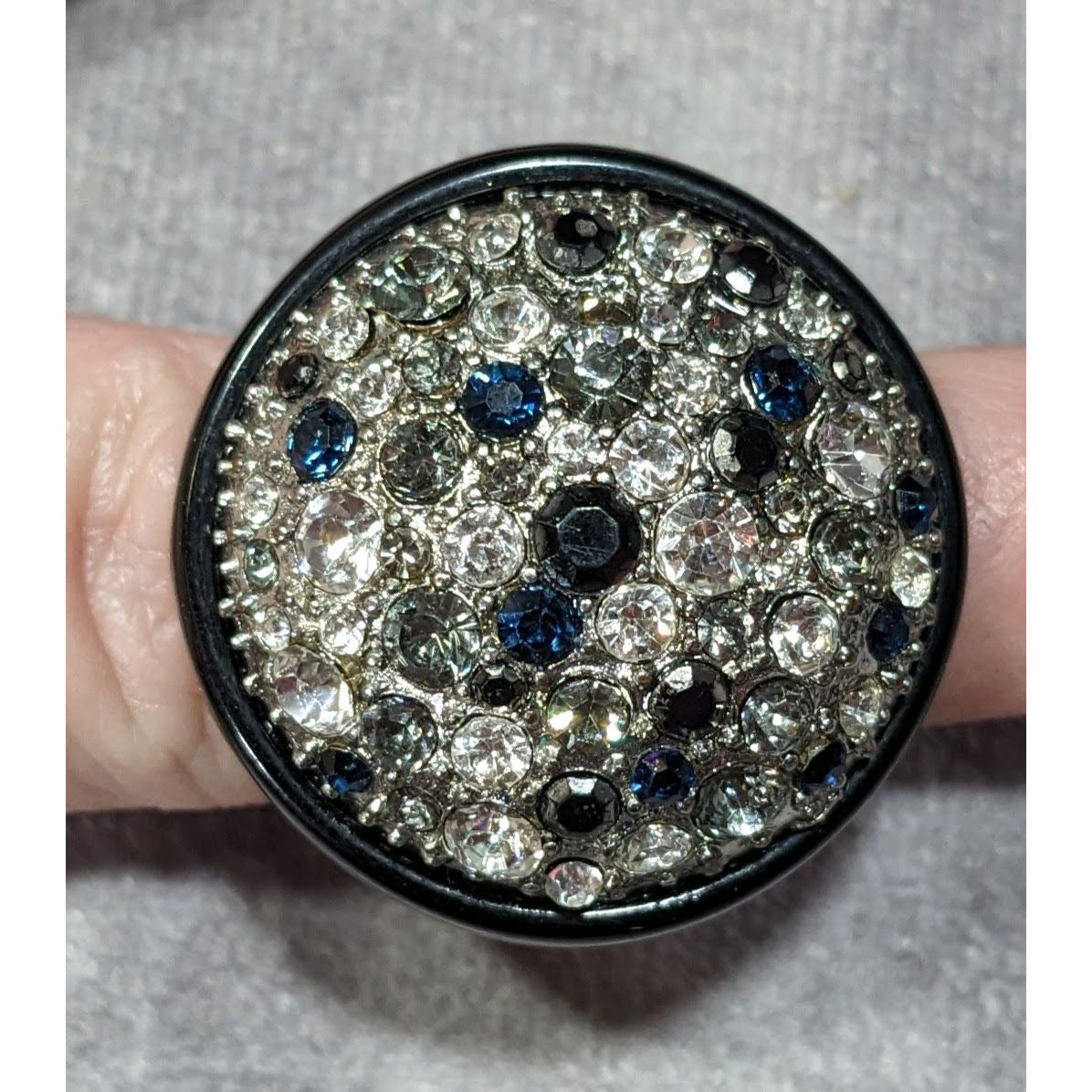 Vintage Glam Goth Rhinestone Studded Black Acrylic Statement Ring