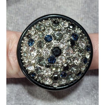 Vintage Glam Goth Rhinestone Studded Black Acrylic Statement Ring
