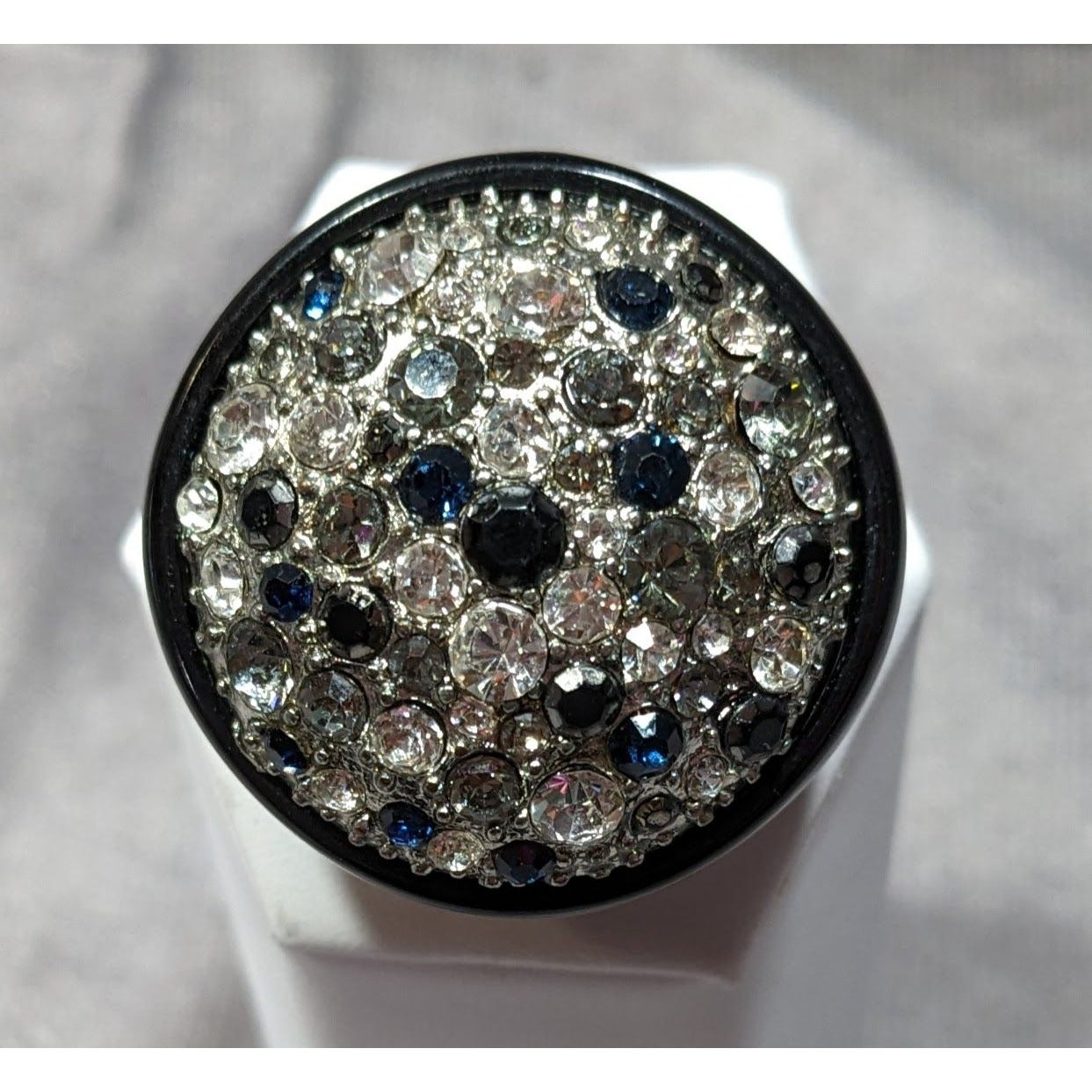 Vintage Glam Goth Rhinestone Studded Black Acrylic Statement Ring
