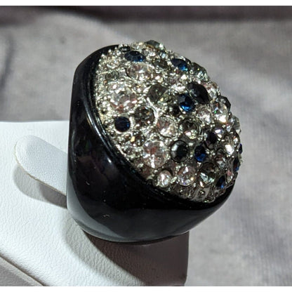 Vintage Glam Goth Rhinestone Studded Black Acrylic Statement Ring