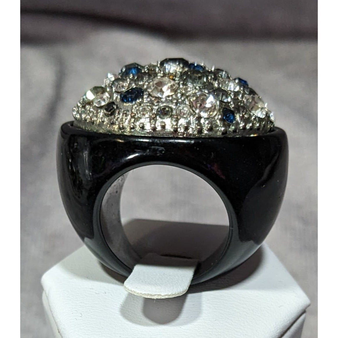 Vintage Glam Goth Rhinestone Studded Black Acrylic Statement Ring