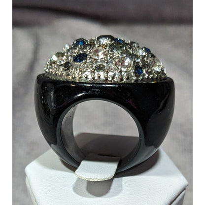 Vintage Glam Goth Rhinestone Studded Black Acrylic Statement Ring