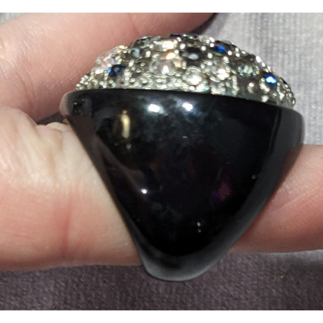 Vintage Glam Goth Rhinestone Studded Black Acrylic Statement Ring