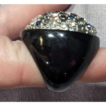 Vintage Glam Goth Rhinestone Studded Black Acrylic Statement Ring