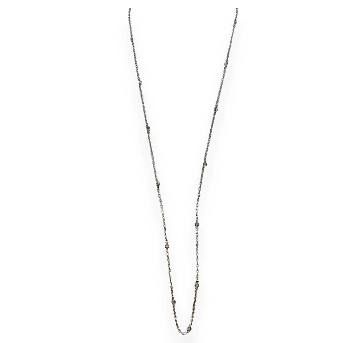 Minimalist Silver Tone Glass Beaded Long Station Necklace 34 Inch Delicate
