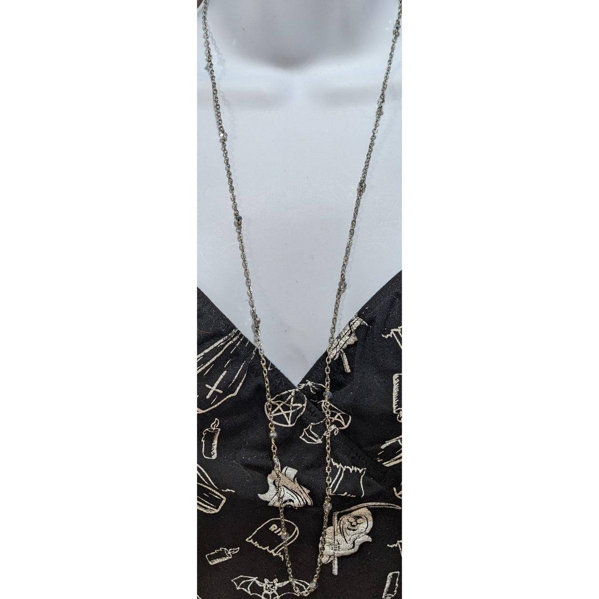 Minimalist Silver Tone Glass Beaded Long Station Necklace 34 Inch Delicate
