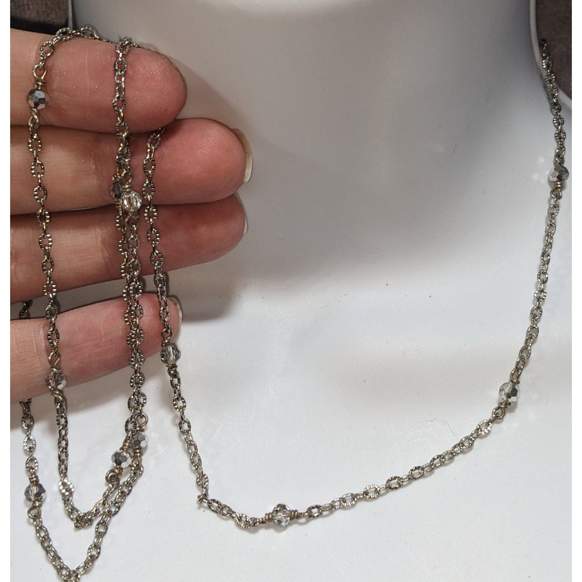 Minimalist Silver Tone Glass Beaded Long Station Necklace 34 Inch Delicate