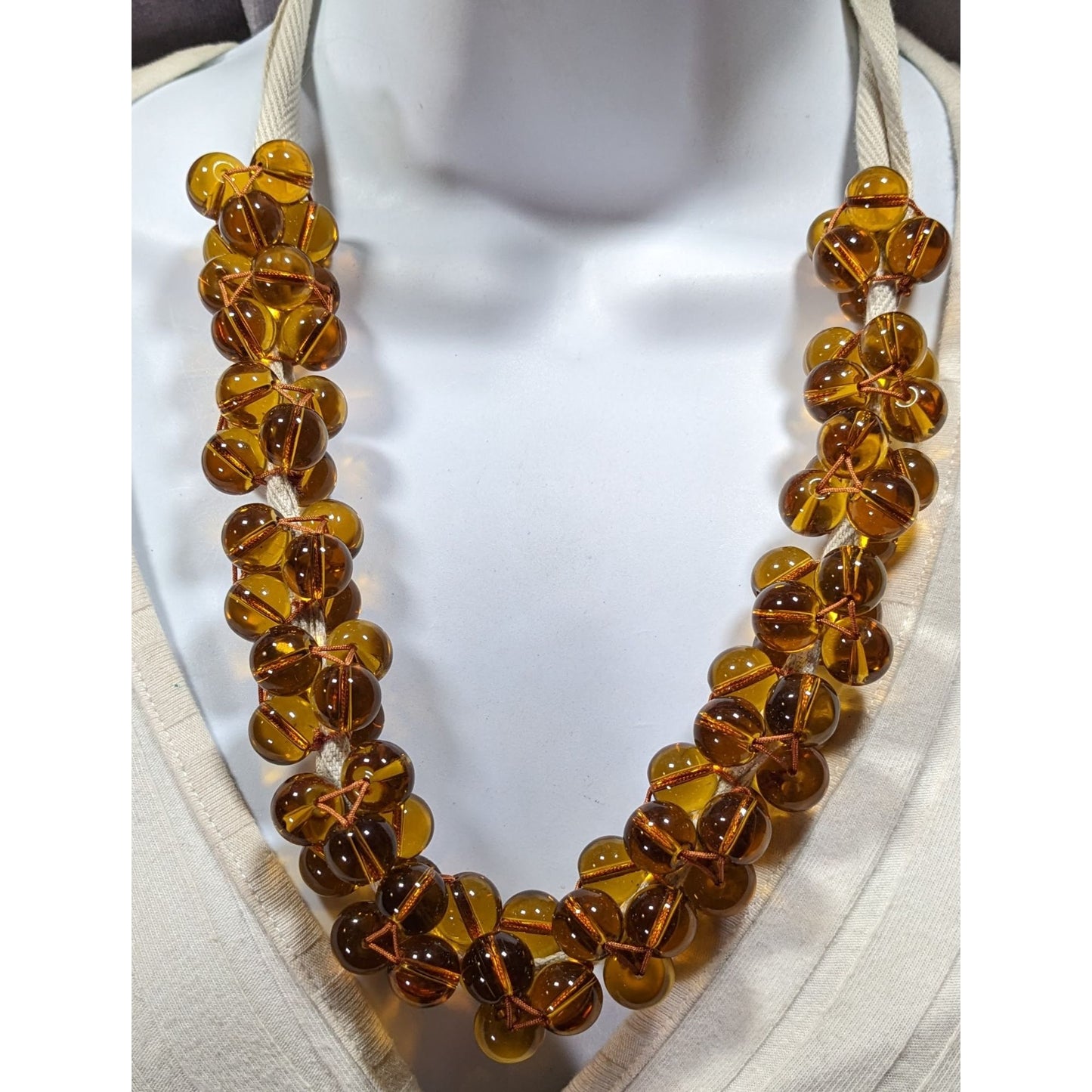 Vintage Honey Glass Marble Beaded Tie On Necklace