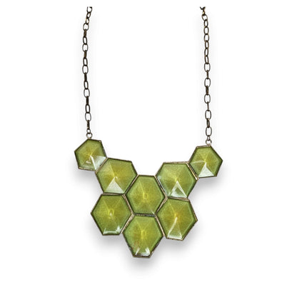 Art Deco Geometric Shimmer Green Hexagon Gold Tone Statement Bib Necklace