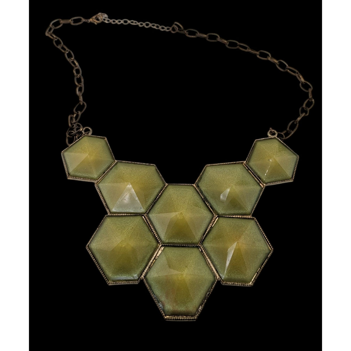 Art Deco Geometric Shimmer Green Hexagon Gold Tone Statement Bib Necklace