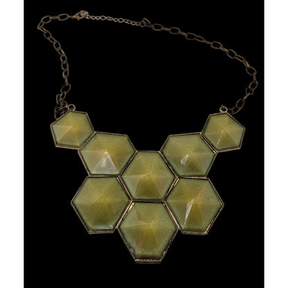 Art Deco Geometric Shimmer Green Hexagon Gold Tone Statement Bib Necklace