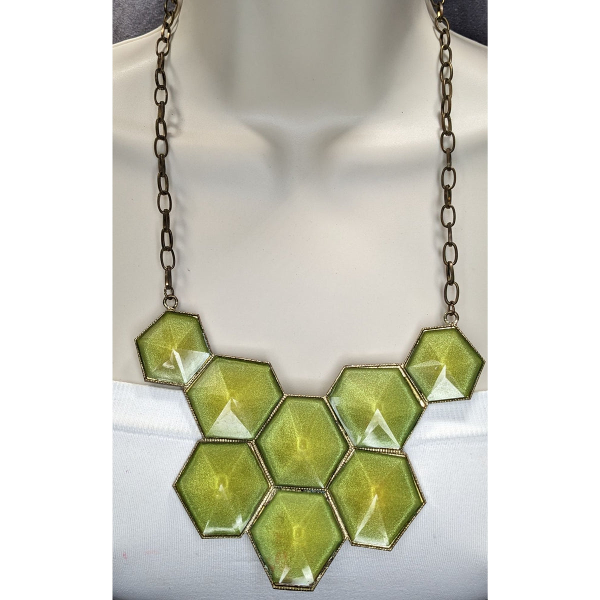 Art Deco Geometric Shimmer Green Hexagon Gold Tone Statement Bib Necklace