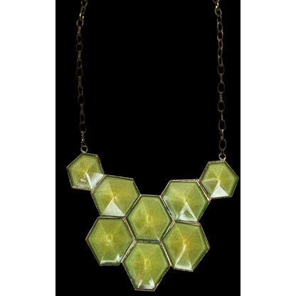 Art Deco Geometric Shimmer Green Hexagon Gold Tone Statement Bib Necklace