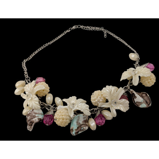 Vintage Fairycore Floral Statement Necklace With Mixed Beads And Charms