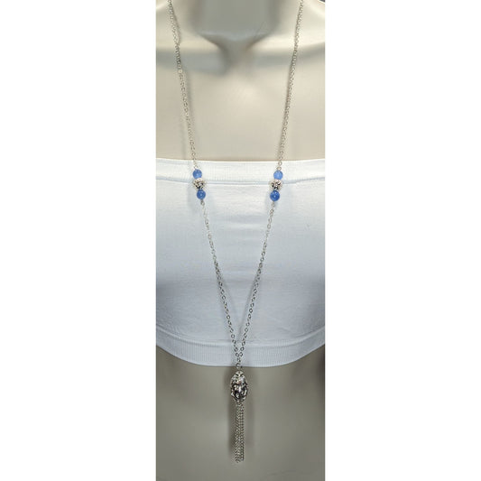 Art Deco Filigree Pendant Necklace Blue Silver Tassel Beaded Chain
