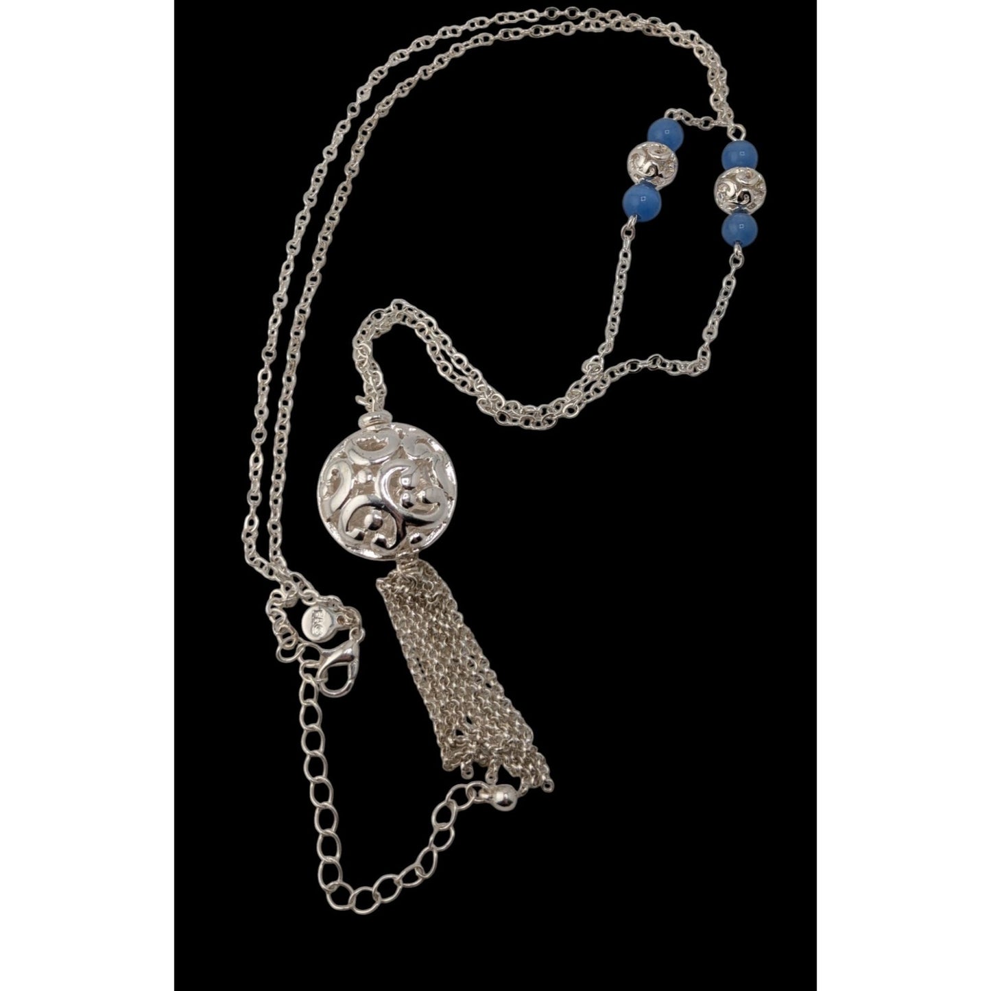 Art Deco Filigree Pendant Necklace Blue Silver Tassel Beaded Chain