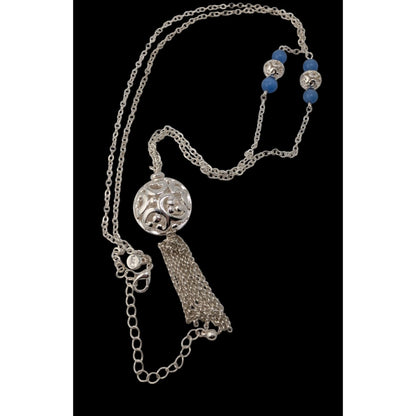 Art Deco Filigree Pendant Necklace Blue Silver Tassel Beaded Chain