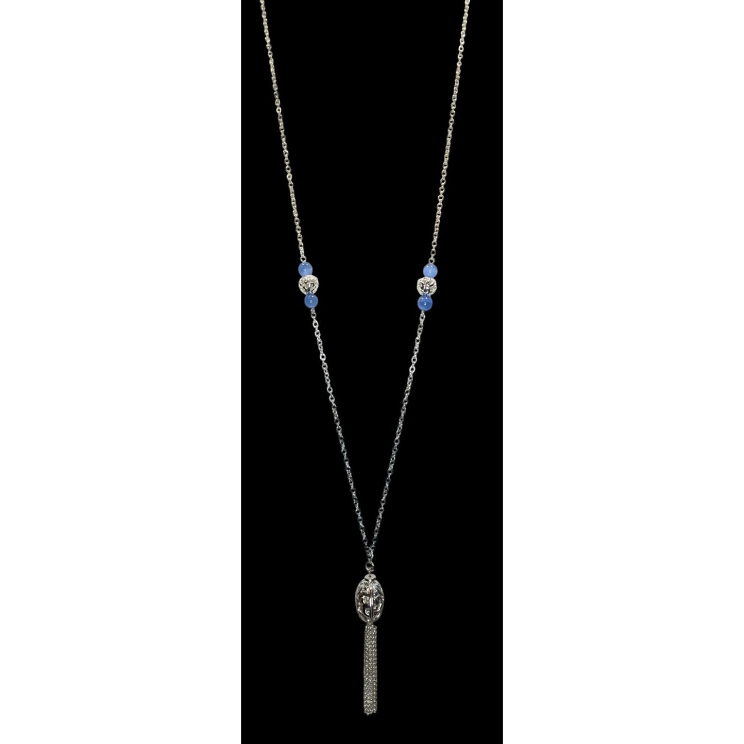 Art Deco Filigree Pendant Necklace Blue Silver Tassel Beaded Chain