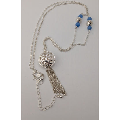 Art Deco Filigree Pendant Necklace Blue Silver Tassel Beaded Chain