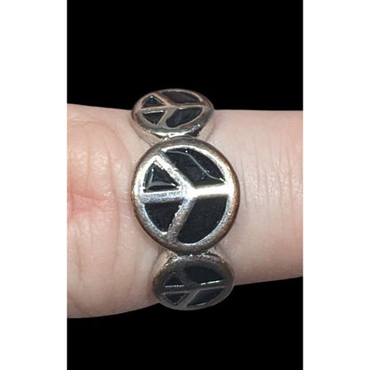 90s Style Triple Peace Sign Black And Silver Tone Enamel Filled Ring Size 7 1/2