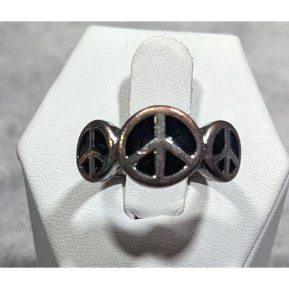 90s Style Triple Peace Sign Black And Silver Tone Enamel Filled Ring Size 7 1/2
