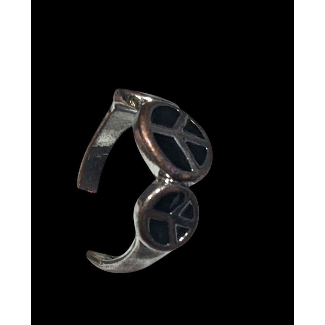 90s Style Triple Peace Sign Black And Silver Tone Enamel Filled Ring Size 7 1/2