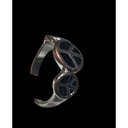 90s Style Triple Peace Sign Black And Silver Tone Enamel Filled Ring Size 7 1/2