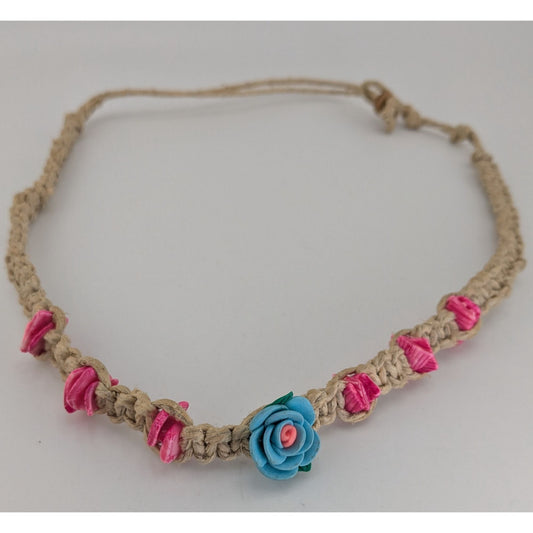 Vintage 90s Boho Fairycore Floral Hemp Wrap Necklace Bracelet Blue Rose