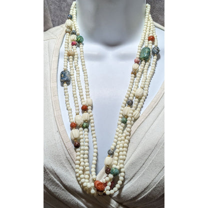 Vintage White And Rainbow Beaded Lucite Necklace