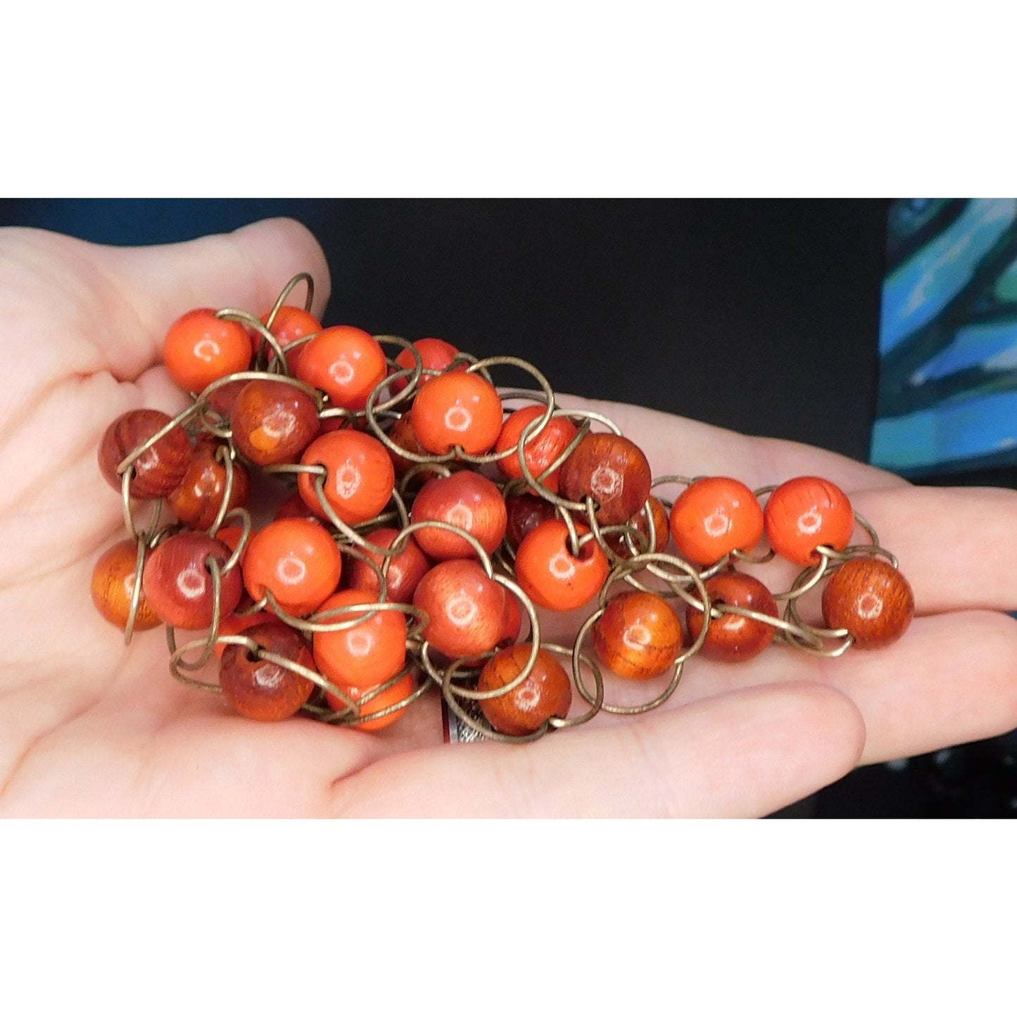 Rustic Wood Beaded Metal Loop Link Necklace