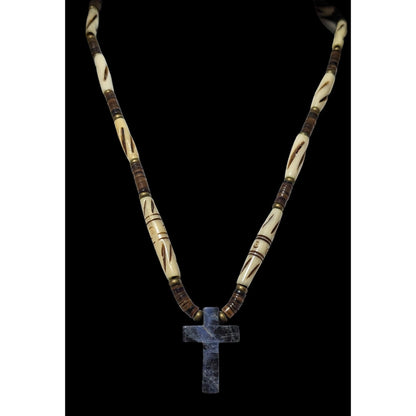 Vintage Carved Bead Blue Jasper Cross Necklace